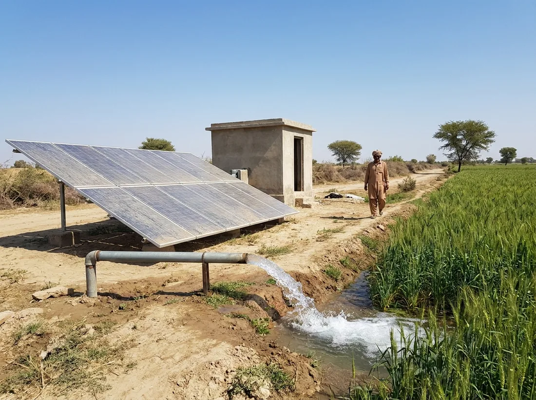 Solar-powered tube-well irrigating farmland in rural Sindh