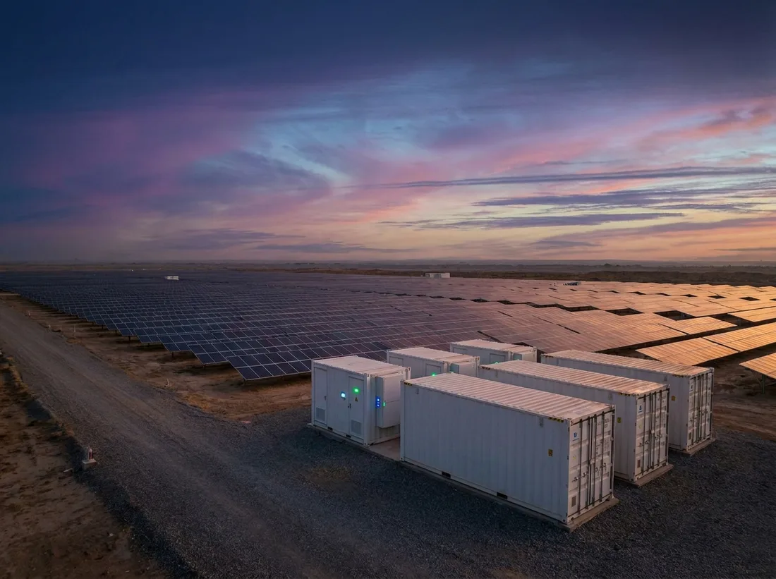 Solar farm with battery energy storage containers at dusk