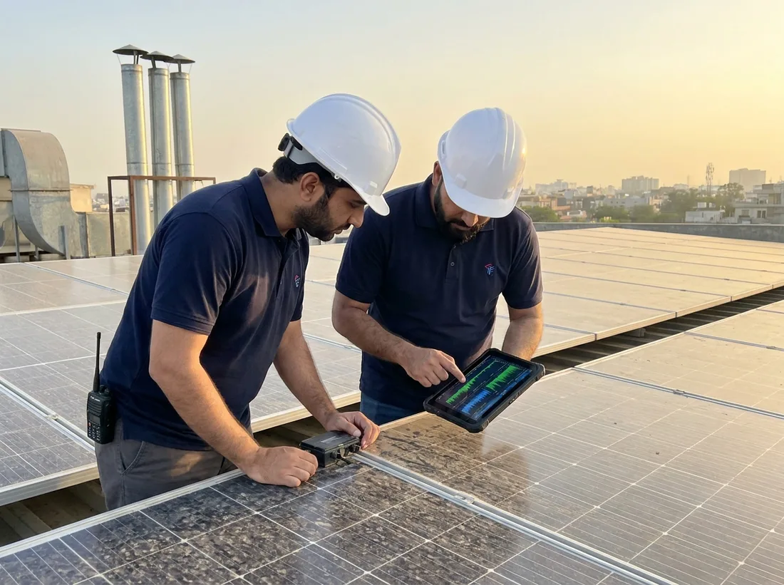 Supreme Renewables engineers inspecting a rooftop solar array
