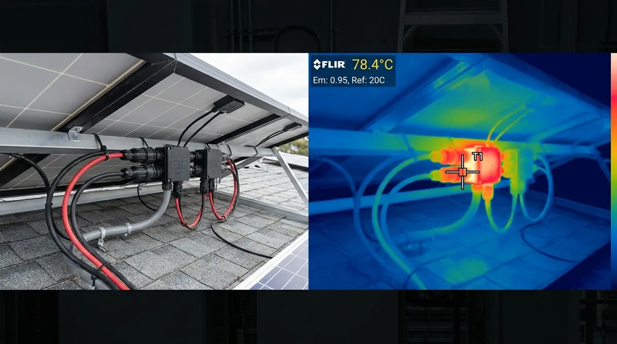 Solar connections photographed normally and through a FLIR thermal camera, revealing a 78.4°C hot-spot